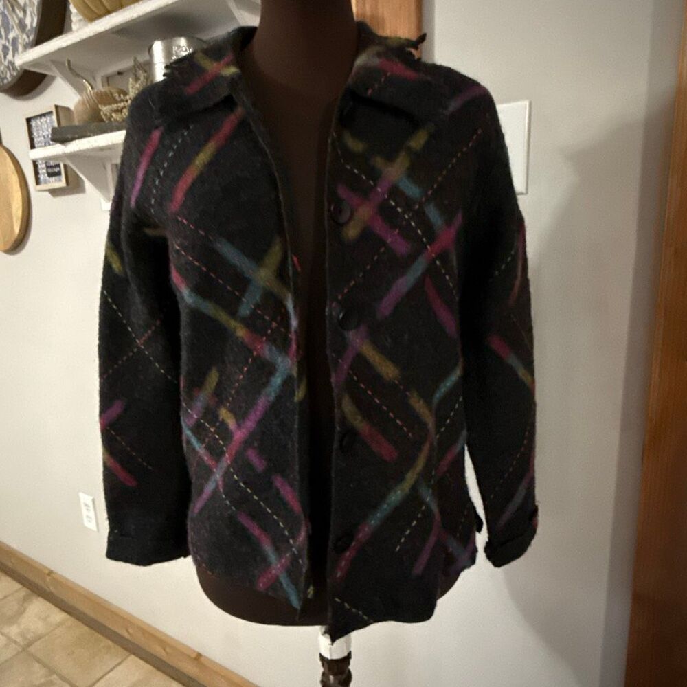 Talbots wool cardigan sweater womens small petite gray abstract colorful geometr